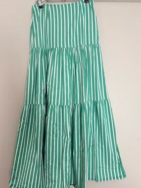 Gianni Bini Green and White Vertical Stripe Tiered Maxi Skirt